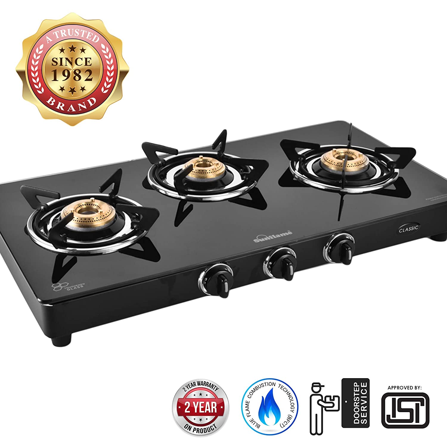 sunflame gas stove 3 burner glass top automatic